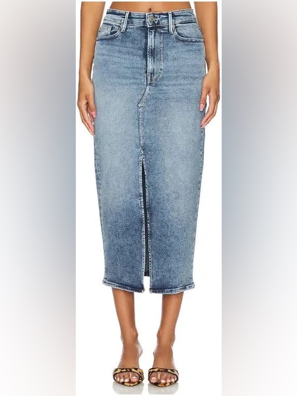 Good American Light Blue Denim Midi Skirt with Front Slit